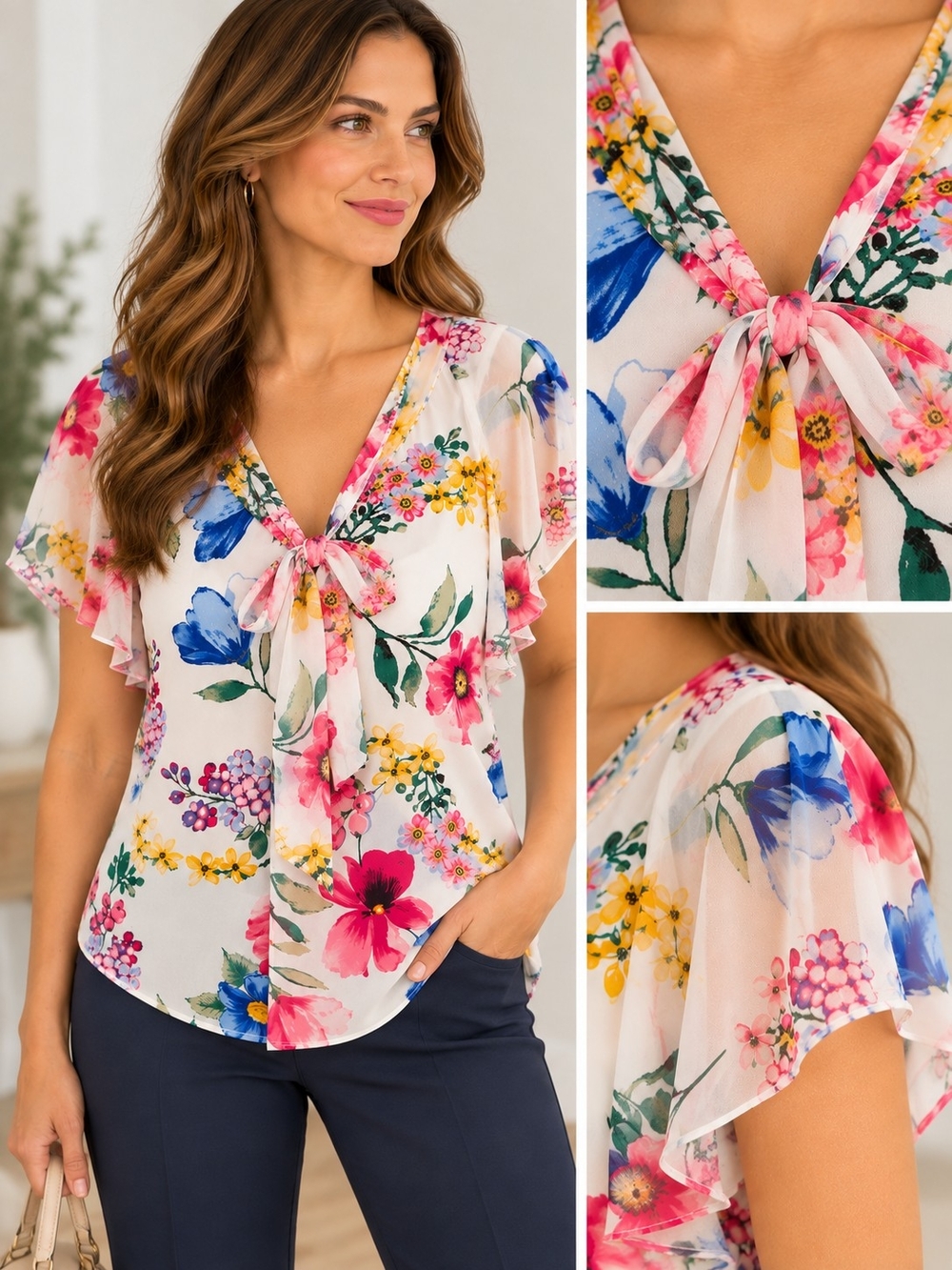 Floral Tie Neck Flutter Sleeve - 7th Avenue Design Studio Blouse - L